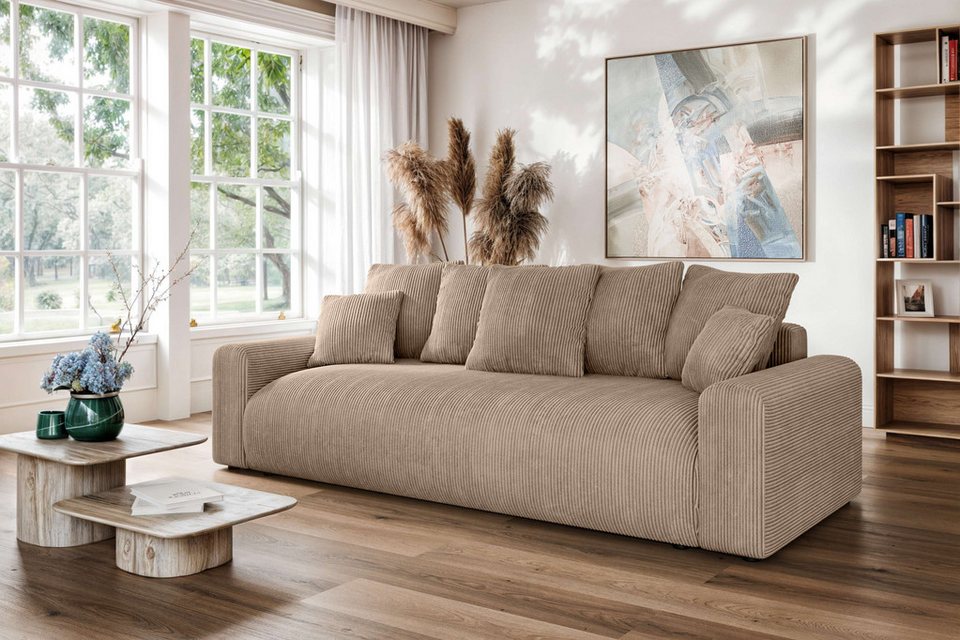 Cord Big Sofa 238 cm in Braun mit Schlaffunktion und Bettkasten