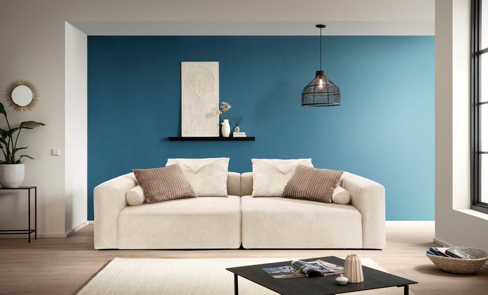 Cord Big-Sofa SUYANA 304 cm in Creme mit Zierkissen