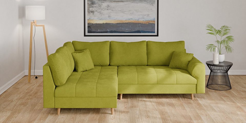 Cord Ecksofa CHARRE 231 cm in Grün mit Ottomane links