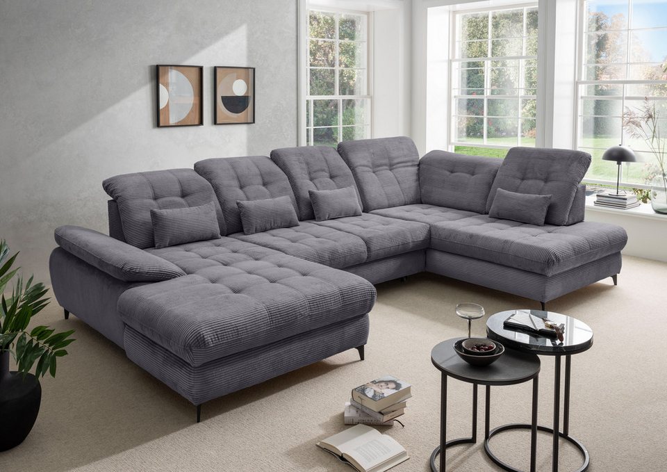 Cord Ecksofa DELPHINO 358 cm in Grau mit Bettfunktion