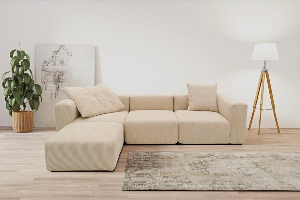 Cord Ecksofa GERRID in Creme als Modulsofa mit Hocker