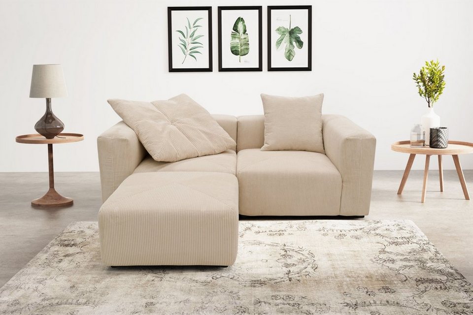 Cord Ecksofa GERRID in Creme als Modulsofa mit Hocker