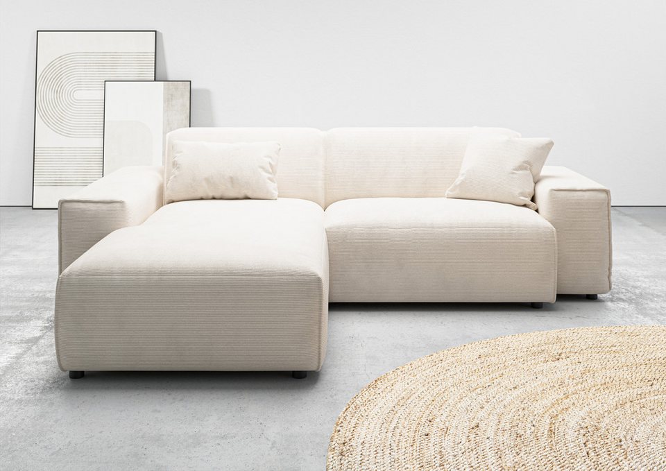 Cord Ecksofa GLIMMINGE in Weiß mit Ottomane links