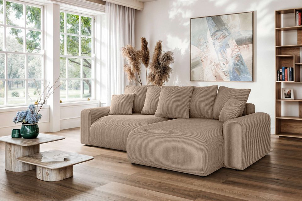 Cord Ecksofa LAKESIDE in Braun mit Recamiere und Bettkasten
