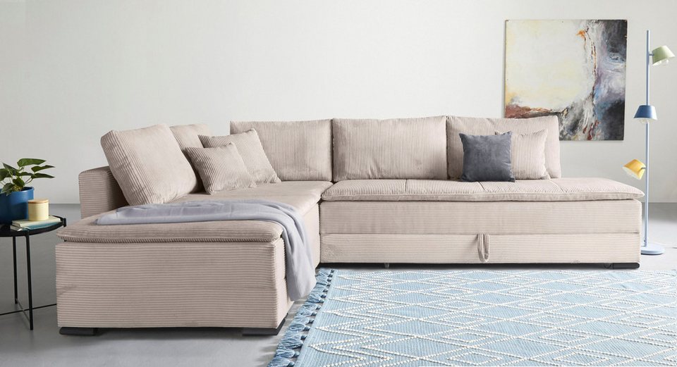 Beiges Cord Ecksofa NIGHT & DAY mit Dauer-Schlaffunktion und Bettkasten
