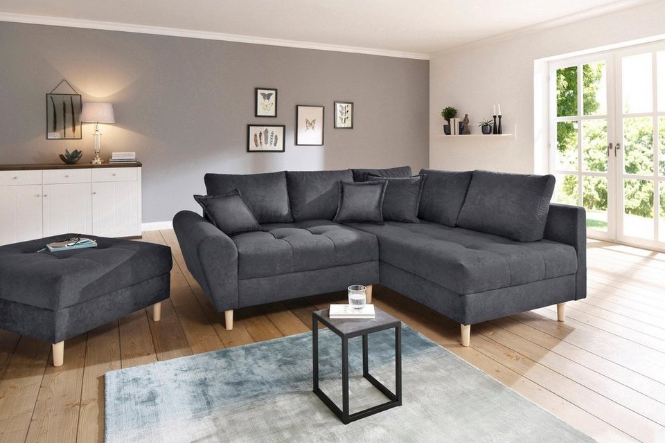 Cord Ecksofa RICE in Anthrazit mit Hocker