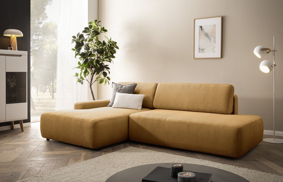 Honiggelbes Cord Ecksofa TORGE in L-Form mit Recamiere links