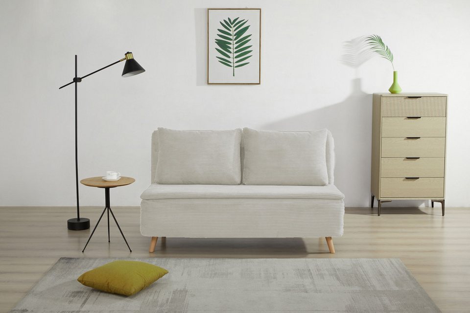 Cord Schlafsofa AINSLEY in Creme mit verstellbarer Rückenlehne