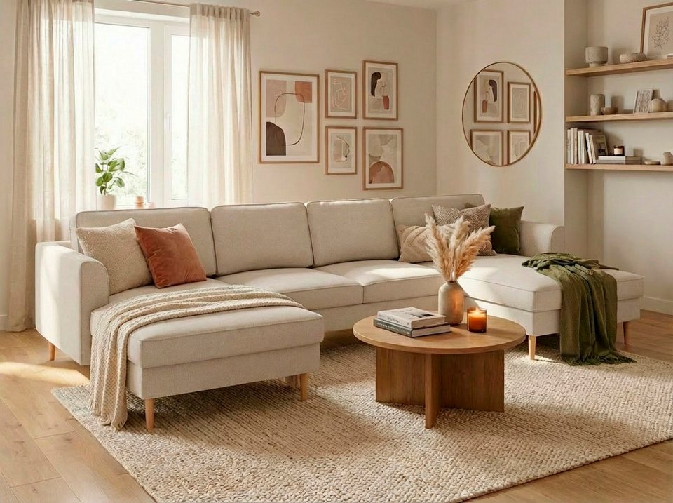 Cord Wohnlandschaft BOOSTER in Sandgrau in U-Form