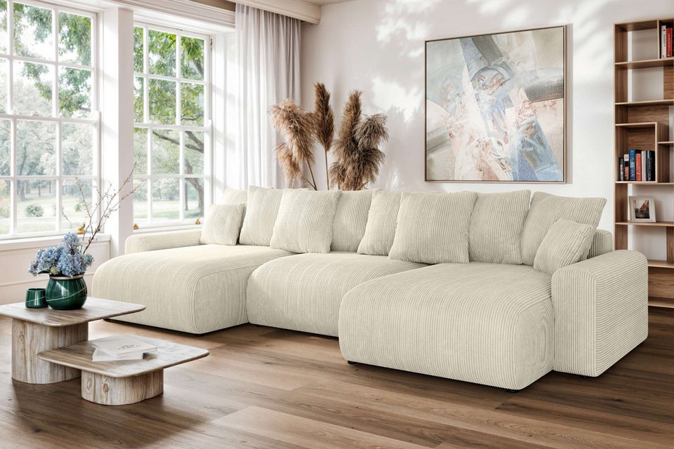 Cord Wohnlandschaft LAKESIDE in Beige mit U-Form und Bettkasten