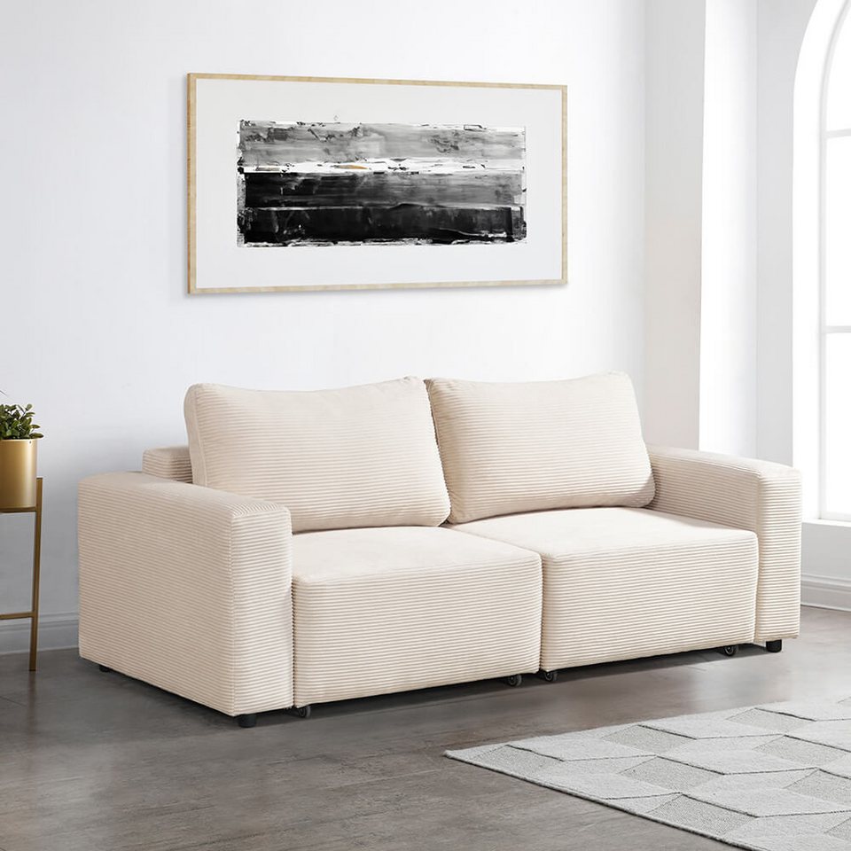 Modulares Cord Schlafsofa VINA S in Beige mit ausziehbarer Liegefläche