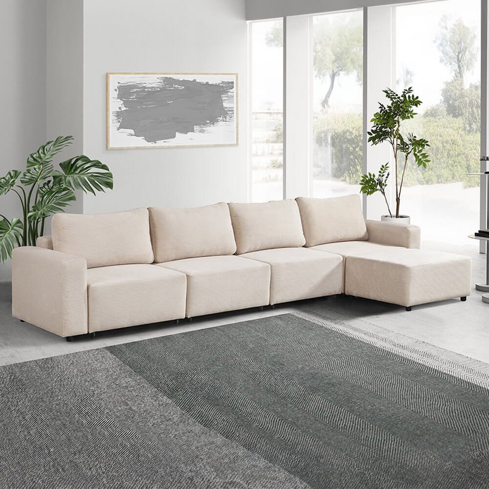 Modulares Cord Schlafsofa VINA XL in Beige mit Ottomane