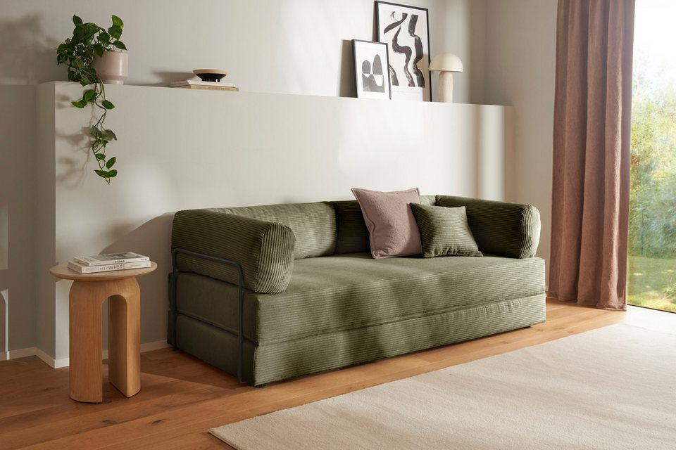 Cord Schlafsofa FOLDA in Olive mit Schlaffunktion