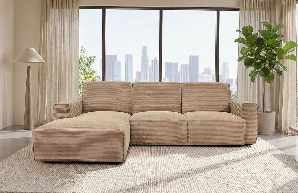 Cord Ecksofa RIO in Braun mit großer Ottomane