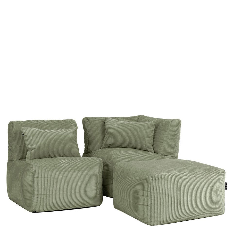 Modulares Cord Ecksofa NOA in Salbeigrün mit Sessel und Hocker