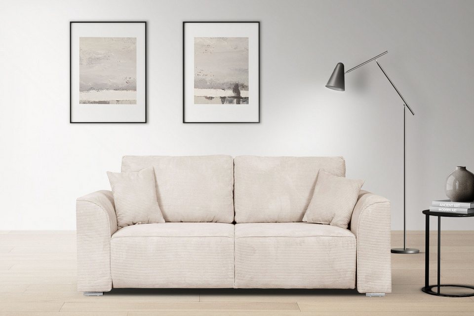 Cord Sofa BEATRICE in Creme mit zwei Zierkissen