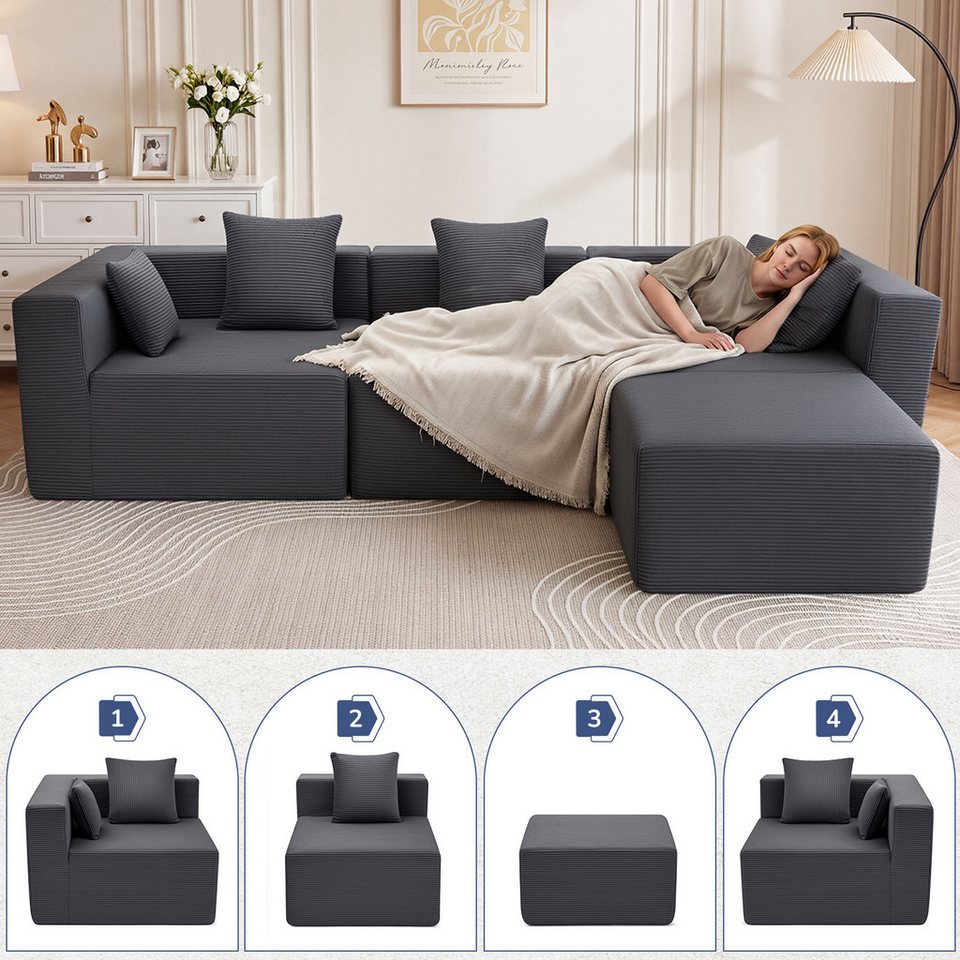 Modulares Cord Ecksofa 203 cm in Grau mit Recamiere
