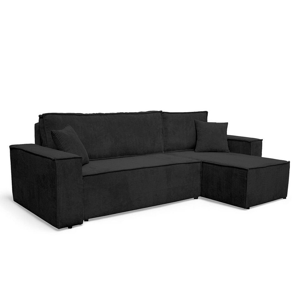 Cord Ecksofa CATANIA in Schwarz mit Ottomane und Bettkasten