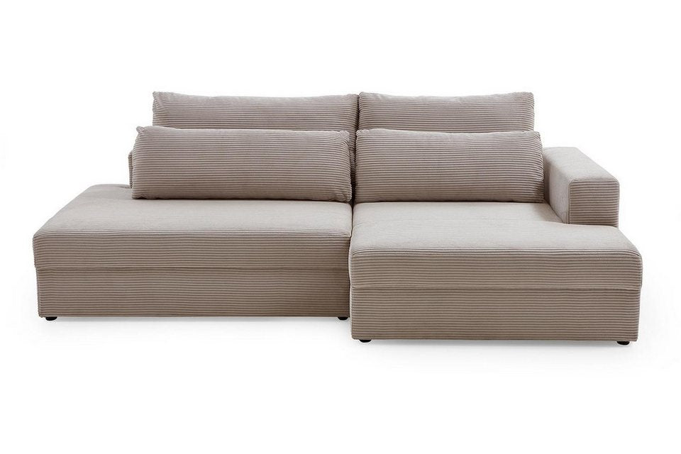 Cord Ecksofa SPLASH in Greige mit Ausziehfunktion und Bettkasten