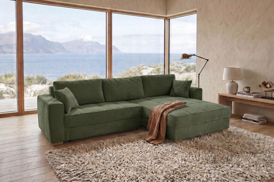 Cord Ecksofa BOLOGNA in Grün mit XXL-Ottomane