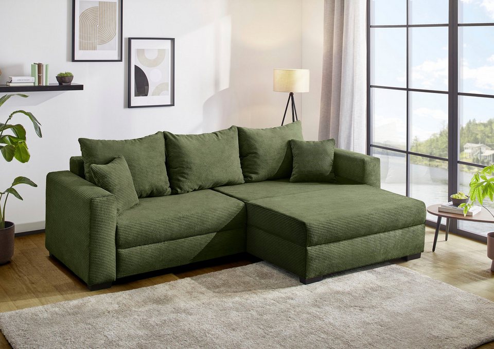 Cord Ecksofa ELMAU XL in Grün mit Ottomane und Bettkasten