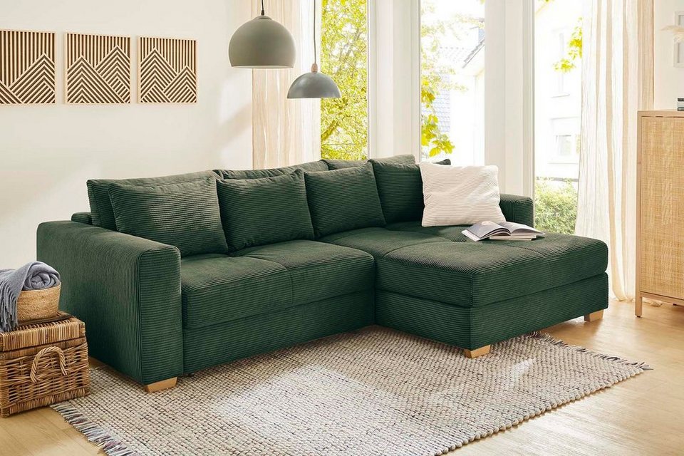 Cord Ecksofa KAMPEN 288 cm in Gruen mit Ottomane und Federkern
