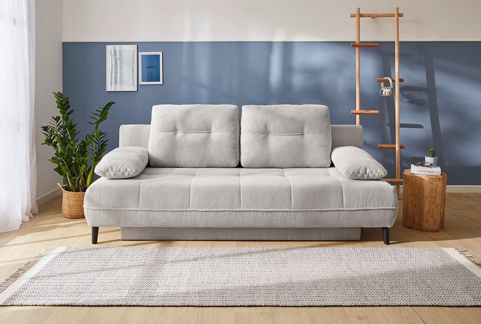 Cord Schlafsofa TIL 206 cm in Hellbeige mit Schlaffunktion und Bettkasten