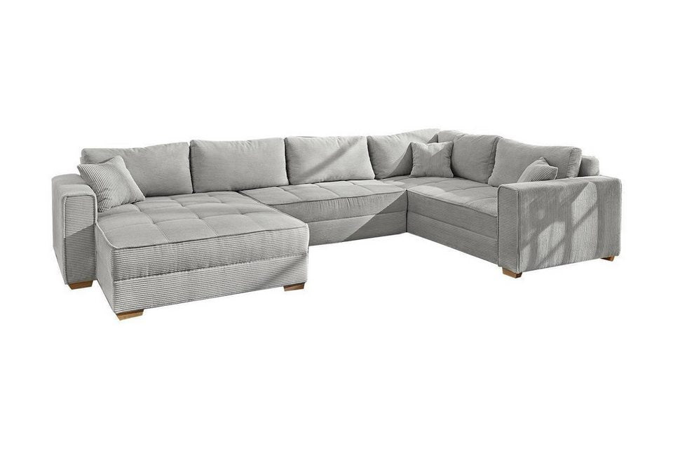 Cord Wohnlandschaft BRIXEN 379 cm in Grau mit Schlaffunktion und Bettkasten
