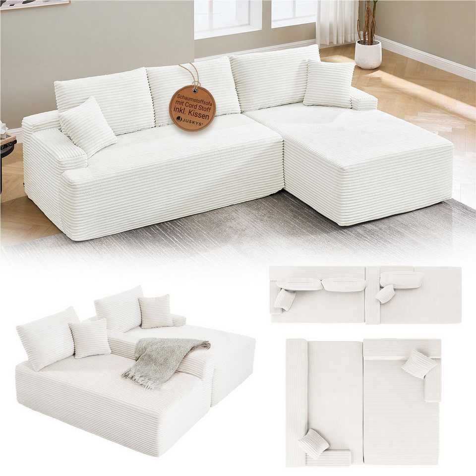 Cord Ecksofa COREDO in Creme mit Ottomane rechts