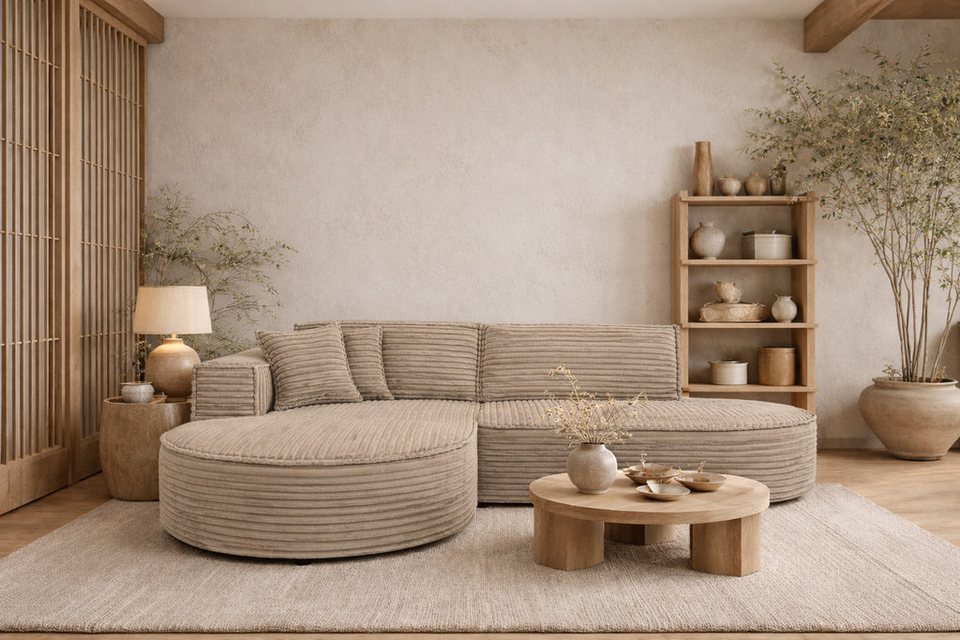 Cord Ecksofa MODENA STUDIO in Beige mit Ottomane links