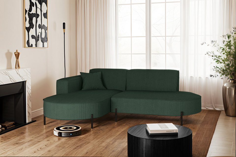 Grünes Cord Ecksofa in L-Form mit Ottomane links