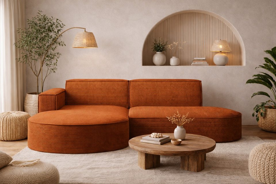 Cord Ecksofa MODENA STUDIO L in Ziegel mit Ottomane links