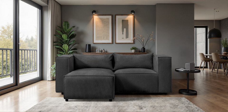 Cord Ecksofa MODULO in Schwarz mit Ottomane und tiefer Sitzfläche