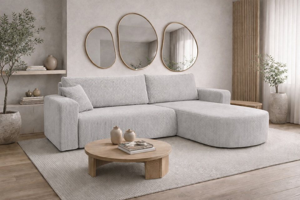 Cord Ecksofa ROUND ONE XL 271 cm in Hellgrau mit abgerundeter Form