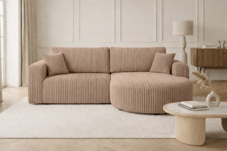 Cord Ecksofa ROUND ONE in Braun mit Schlaffunktion und Bettkasten