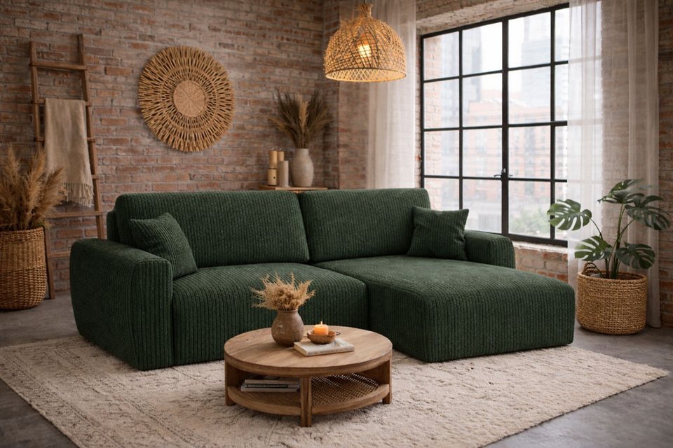 Cord Ecksofa ARIEL XL 280 cm in Grün mit Schlaffunktion