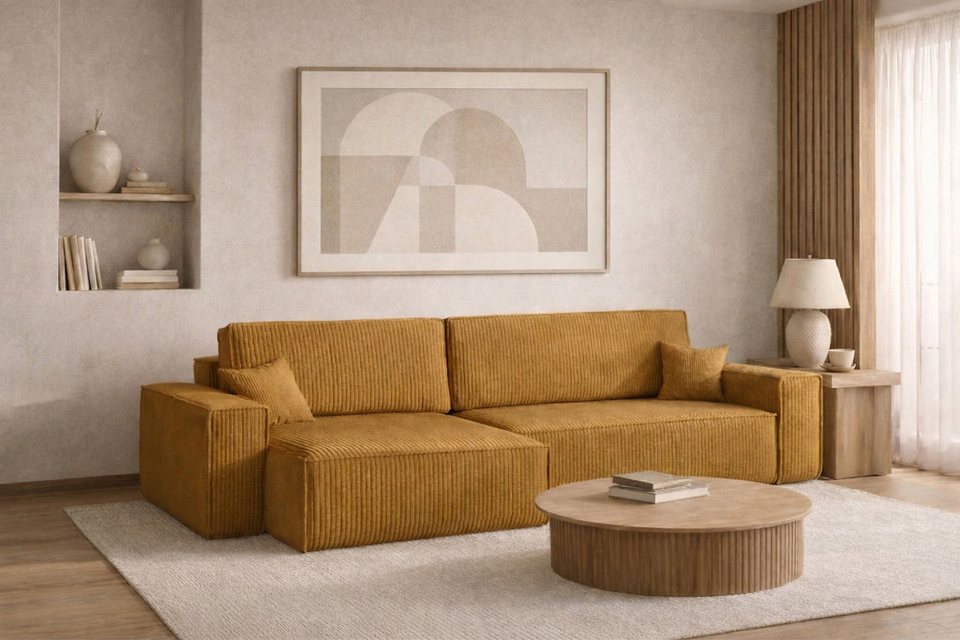 Cord Ecksofa BEST XL in Senffarbe mit Ottomane links