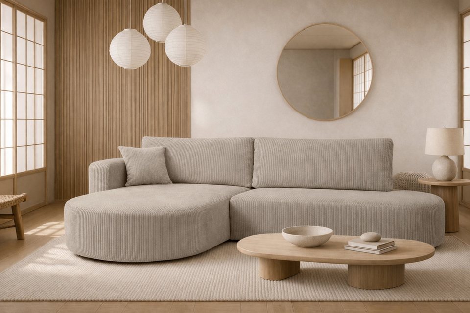 Cord Ecksofa ROUND ONE OPEN XL in Dunkelbeige mit runder Form