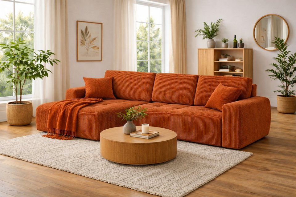 Cord Ecksofa IVO XL in Kupfer mit Ottomane
