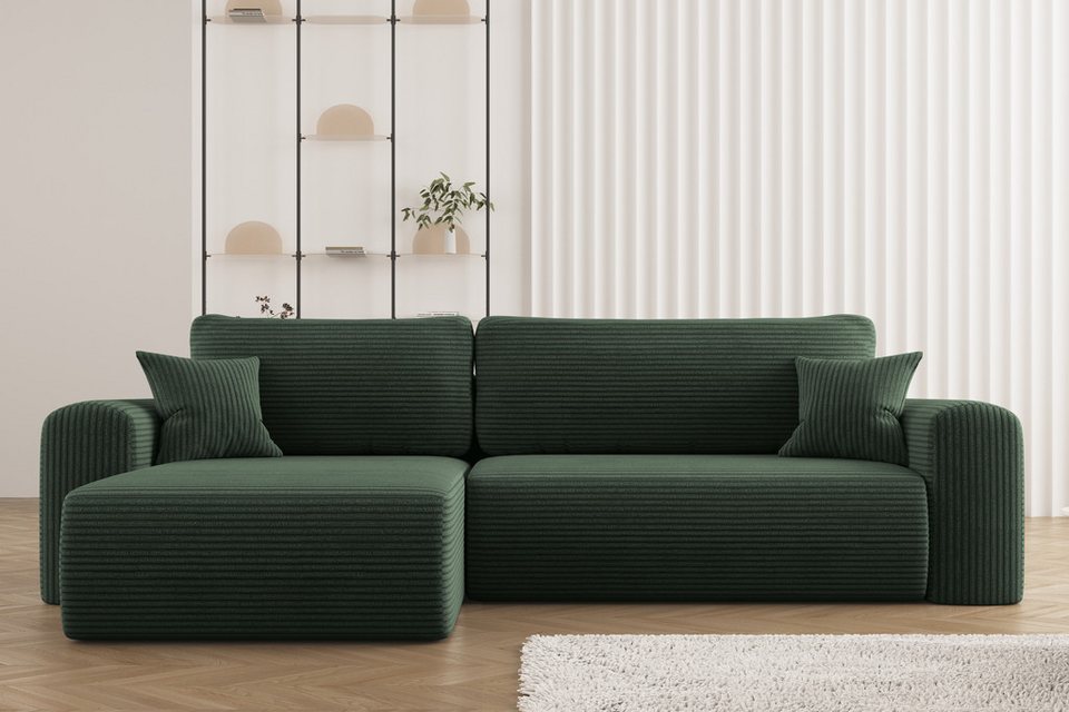 Cord Ecksofa CAPRI in Grün mit Schlaffunktion und Bettkasten