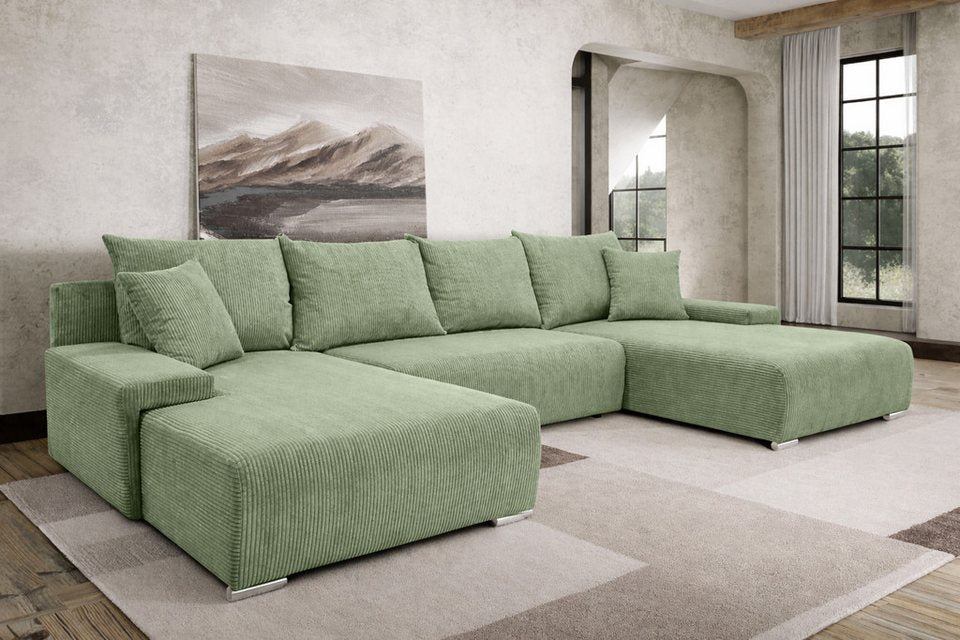 Cord Wohnlandschaft LIVORNO U in U-Form 348 cm Hellgrün