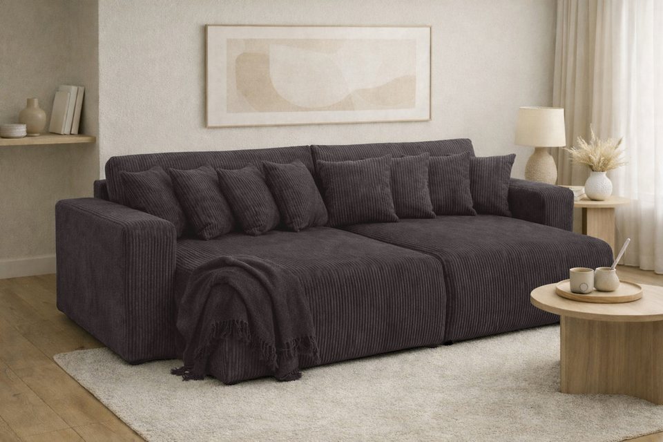 Cord Schlafsofa PIANO DOUBLE 246 cm in Dunkelgrau mit tiefer Sitzfläche