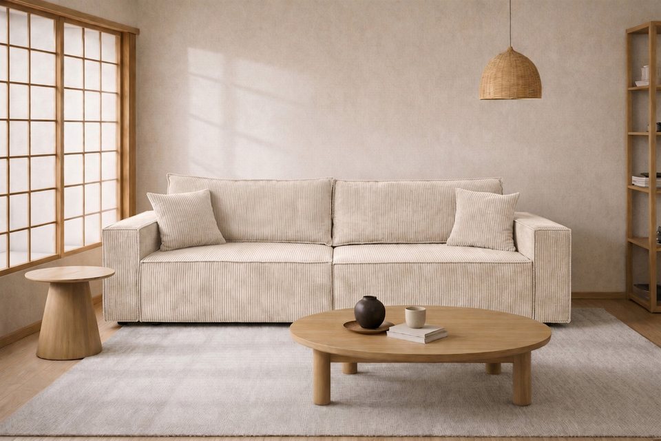 Cord Schlafsofa BEST SCORNER in Beige mit breiten Armlehnen