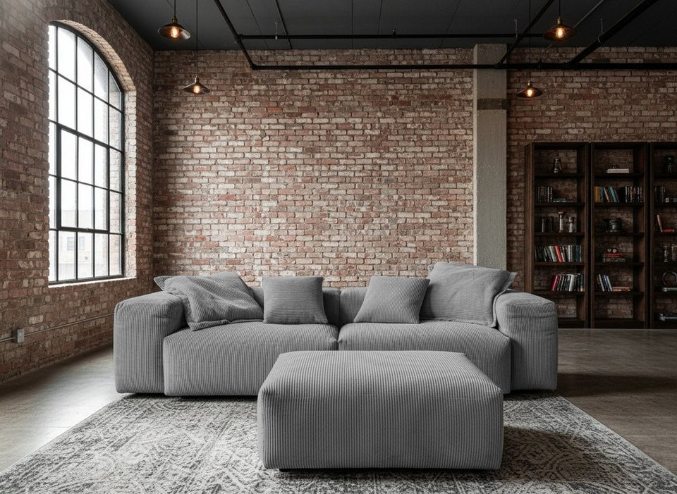 KAWOLA Cord Sofa CELESTE 302 cm in Grau mit Polsterhocker