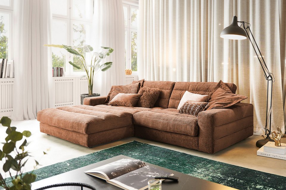 Cord Ecksofa LANA 296 cm in Rost mit Recamiere links