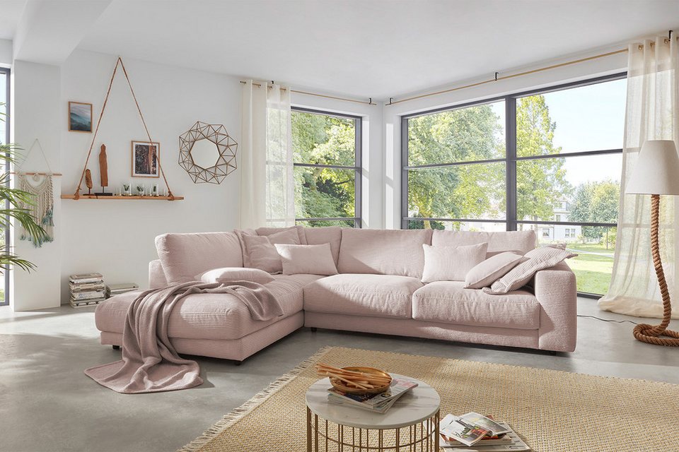 Cord Ecksofa MADELINE in Rosa mit Recamiere links