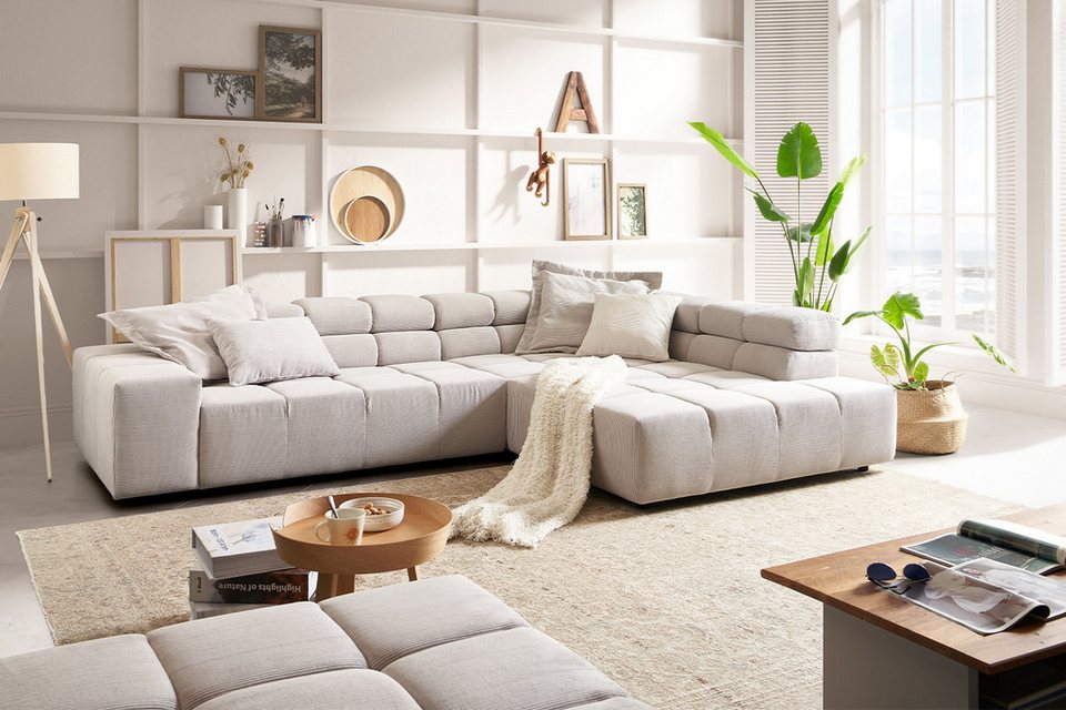 Cord Ecksofa NEVADA in Silber mit Recamiere rechts
