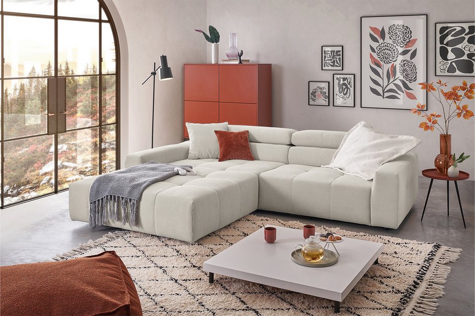 Cord Ecksofa RENO in Silber mit Kopfteilverstellung