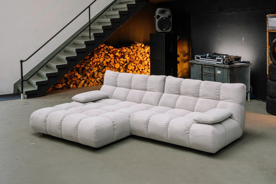 Silbernes Feincord Ecksofa VIVIEN in L-Form mit 290 cm Breite