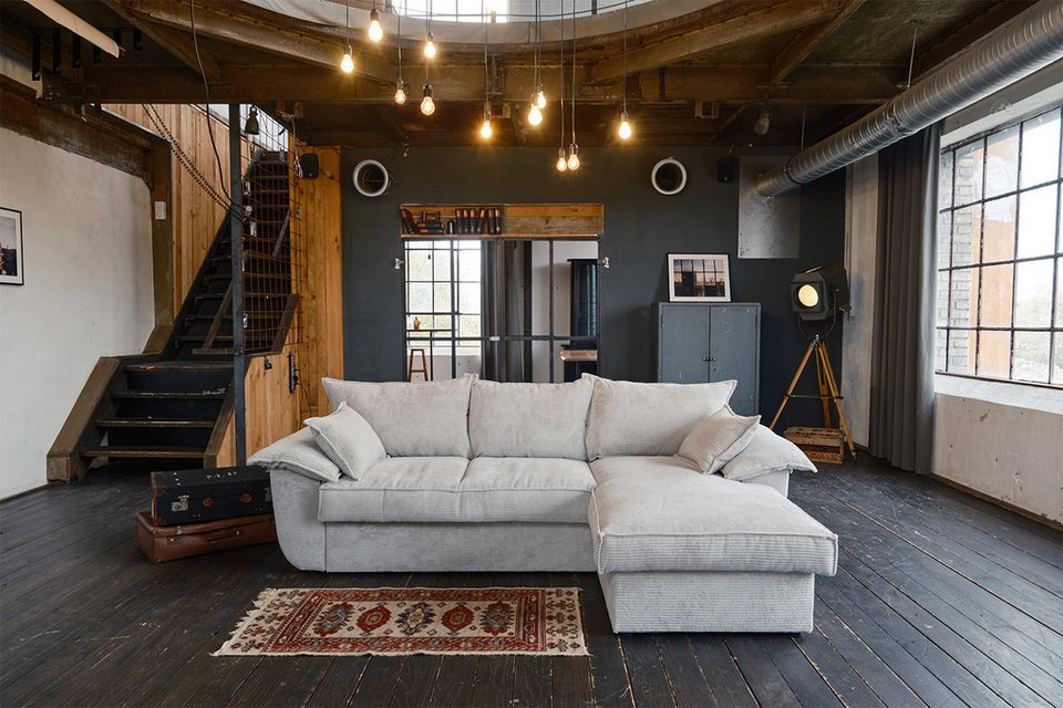 Cord Ecksofa DAMETO in Weiß mit Longchair